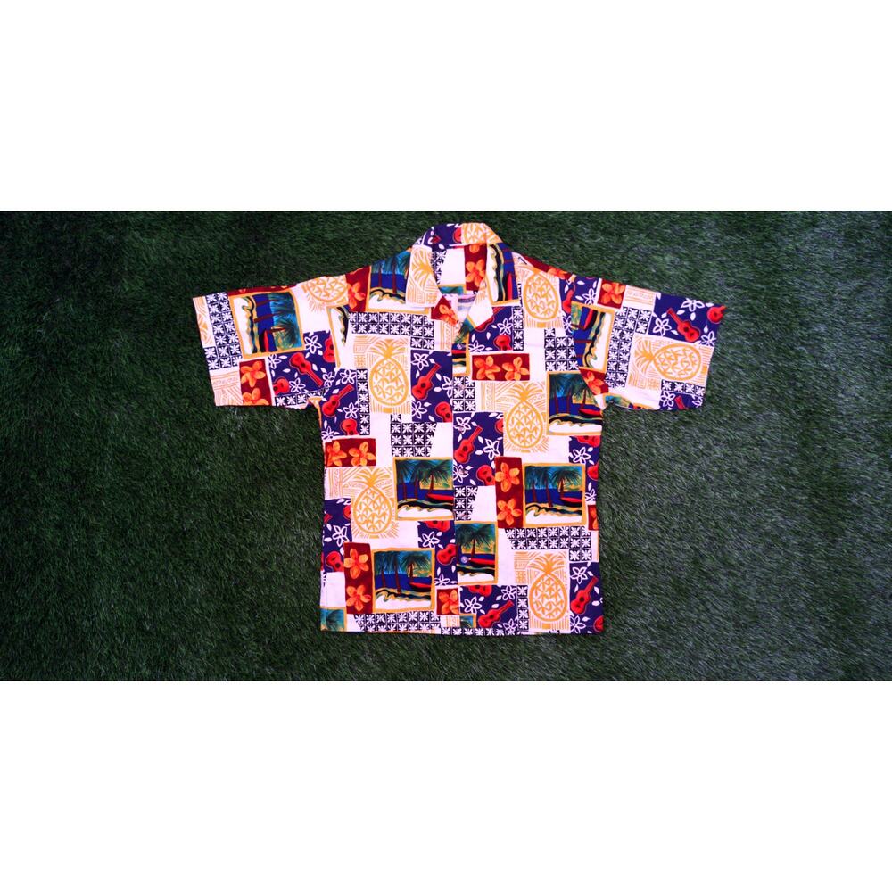 VTG 90s Mens Hawaiian Shirt M/L Patchwork Pineapple Ukulele Cotton Block Print